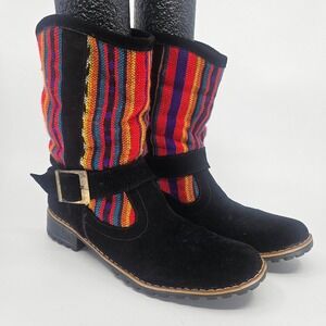 Boho Suede Woven Shaft Aztec Print Boots Sz 38 Festival‎ Boho Cottagecore Folk